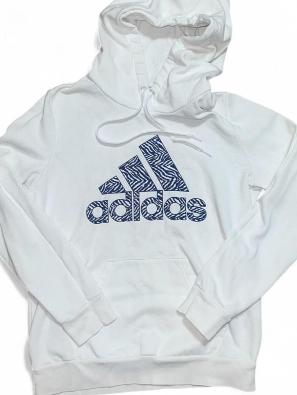 Adidas White and Blue Long Sleeve Graphic Hoodie